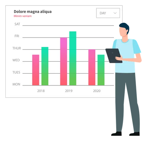 Homem analisa relatório digital com dados  Ilustração