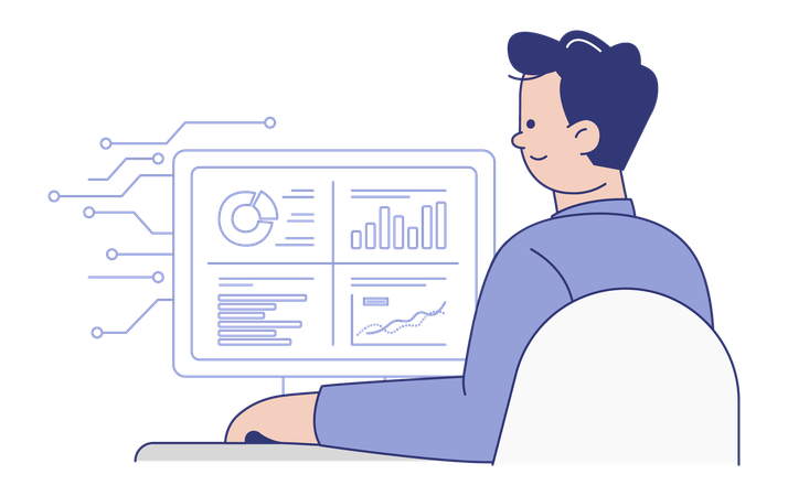 Homem analisando dados de desempenho empresarial no monitor do computador  Ilustração