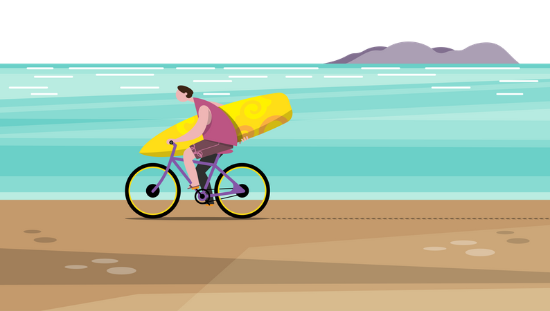 Homem anda de bicicleta carregando uma prancha de surf na praia  Ilustração