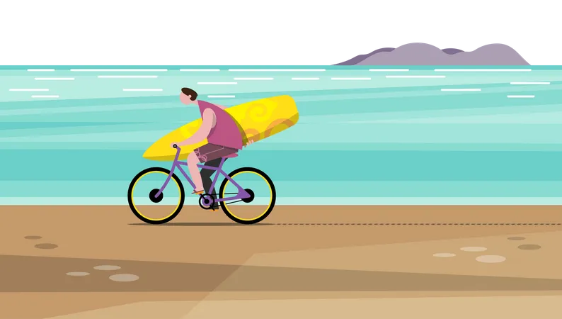 Homem anda de bicicleta carregando uma prancha de surf na praia  Ilustração