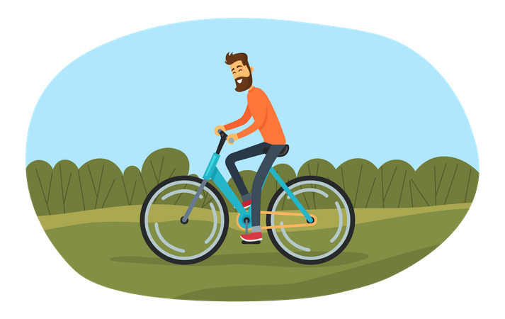 Homem anda de bicicleta em estrada arenosa na floresta  Ilustração