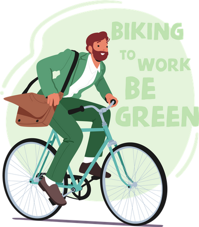 Homem anda de bicicleta para trabalhar pela sustentabilidade  Ilustração
