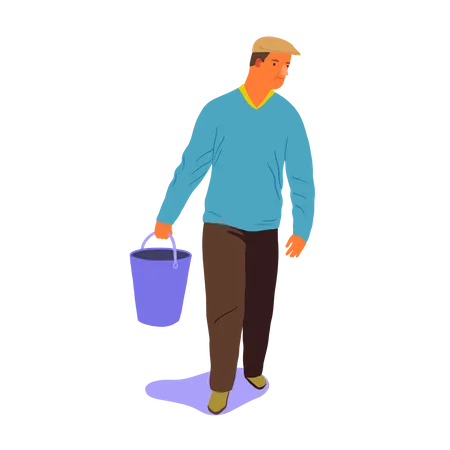 Homem andando com balde na mão  Ilustração