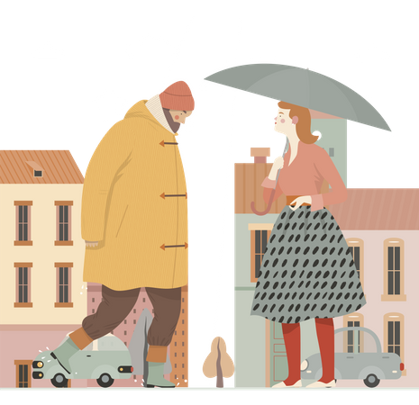 Homem andando com capa de chuva e mulher segurando guarda-chuva  Ilustração