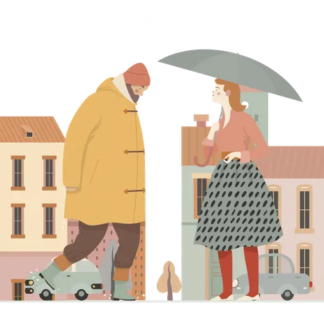 Homem andando com capa de chuva e mulher segurando guarda-chuva  Ilustração