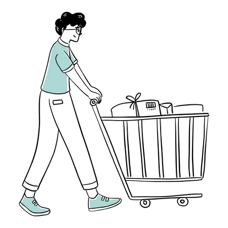 Homem andando com carrinho de compras  Ilustração