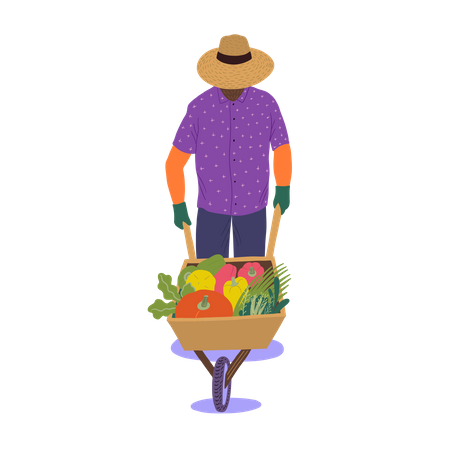 Homem andando com carrinho de legumes  Ilustração