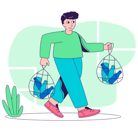 Homem andando com garrafas plásticas  Ilustração