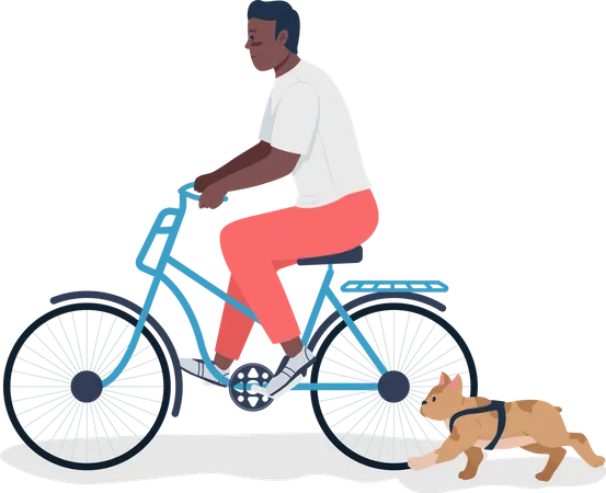 Homem andando de bicicleta com cachorro na cesta  Ilustração