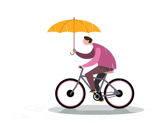 Homem andando de bicicleta durante a estação das chuvas  Ilustração