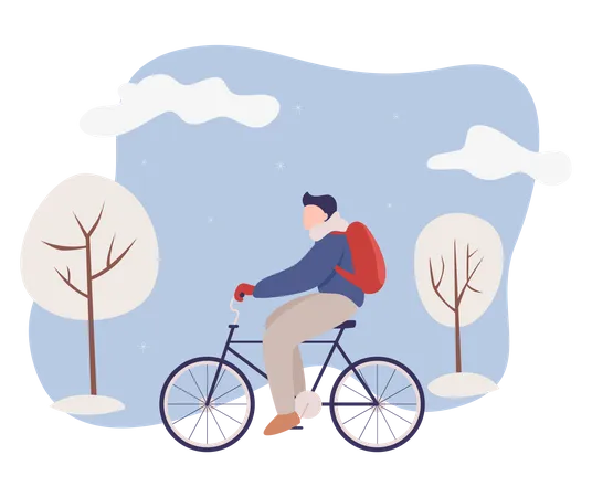 Homem andando de bicicleta durante o inverno  Ilustração