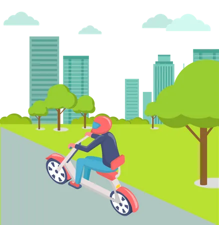 Homem andando de bicicleta na cidade  Ilustração