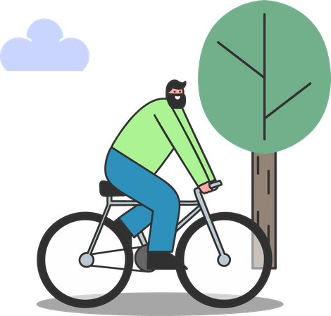 Homem andando de bicicleta na floresta  Ilustração