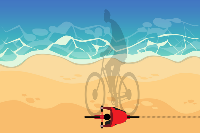 Homem andando de bicicleta na praia perto da beira-mar  Ilustração