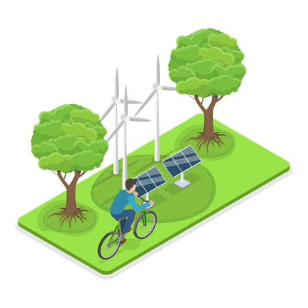 Homem andando de bicicleta para economizar energia  Ilustração