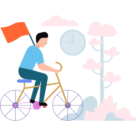 Homem andando de bicicleta segurando uma bandeira  Ilustração