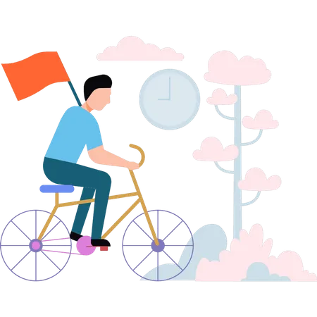 Homem andando de bicicleta segurando uma bandeira  Ilustração