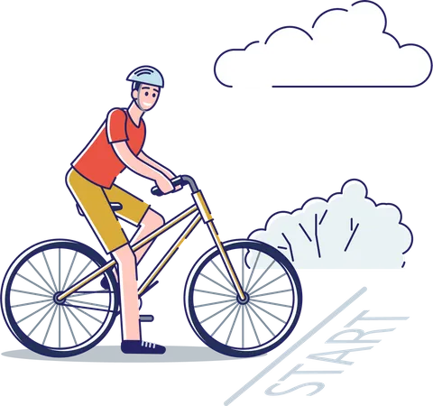 Homem Andando De Bicicleta Competicao De Corrida De Bicicleta Com Ciclista Na Largada Piloto De Ciclista De Desenho Animado Masculino Comecando A Correr Maratona De Motociclistas Esportivos E Conceito De Estilo De Vida Saudavel Ilustracao Vetorial Linear Ilustração