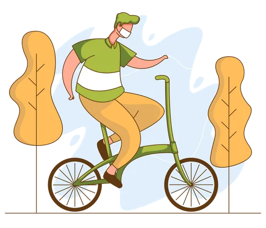 Homem andando de bicicleta usando máscara  Ilustração