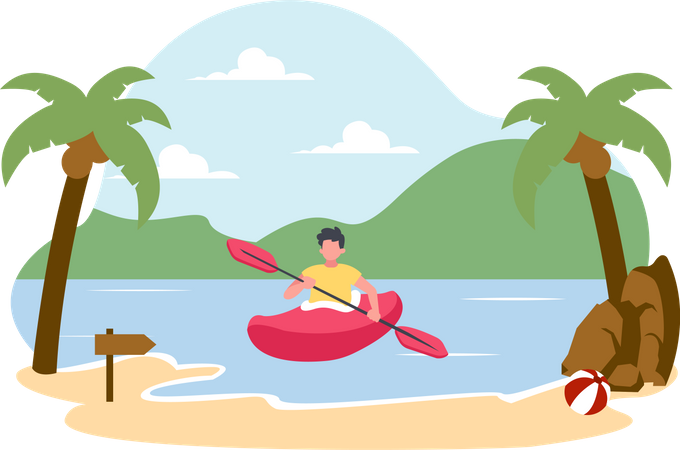 Homem andando de caiaque em uma praia tropical  Ilustração