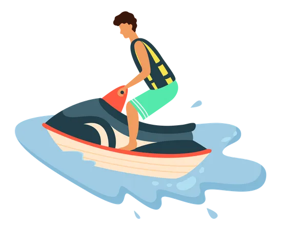 Homem andando de jet ski no oceano  Ilustração