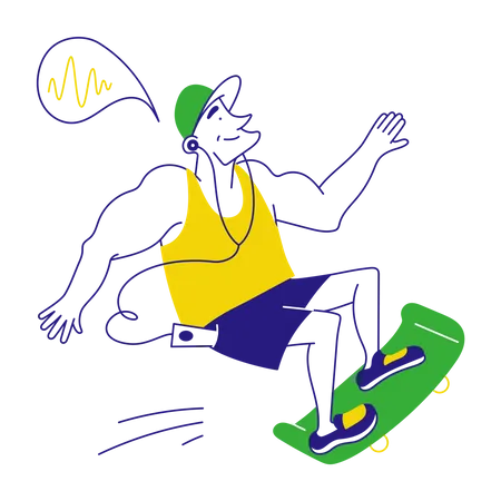Homem andando de skate e ouvindo podcast  Ilustração