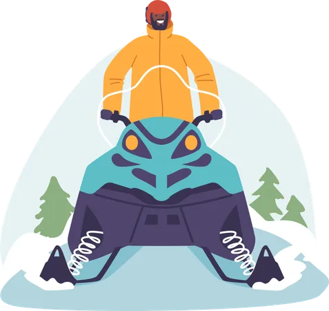 Macho andando de snowmobile na montanha  Ilustração