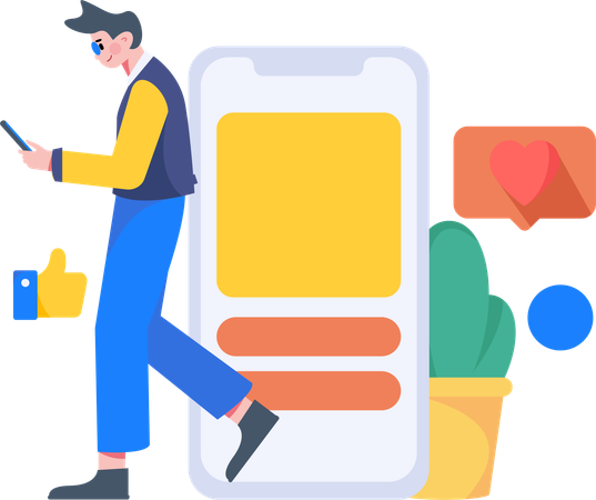 Homem andando enquanto olha comentários nas redes sociais usando celular  Ilustração
