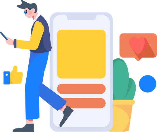 Homem andando enquanto olha comentários nas redes sociais usando celular  Ilustração