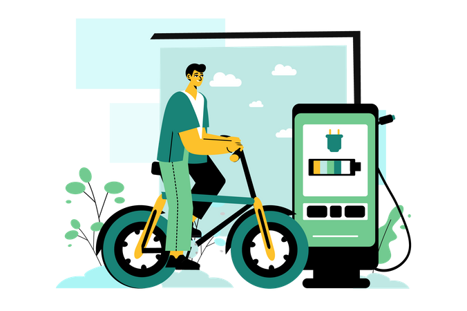 Homem andando de bicicleta elétrica e rastreando o uso da bateria por meio de aplicativo móvel  Ilustração