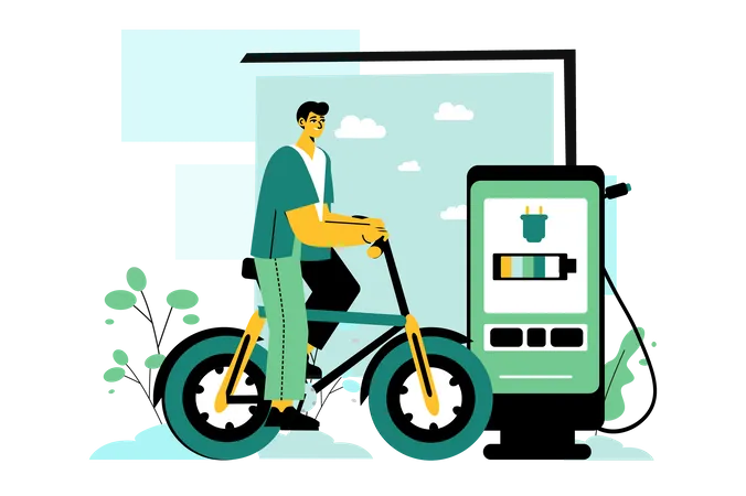 Homem andando de bicicleta elétrica e rastreando o uso da bateria por meio de aplicativo móvel  Ilustração