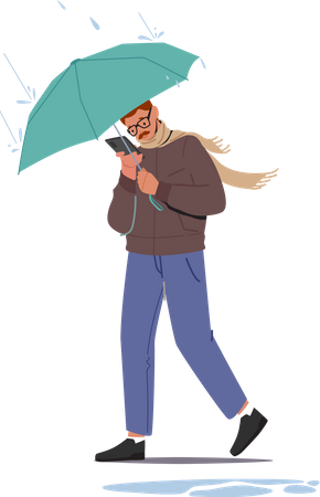 Homem andando na chuva enquanto usa smartphone  Ilustração