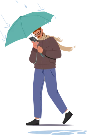 Homem andando na chuva enquanto usa smartphone  Ilustração