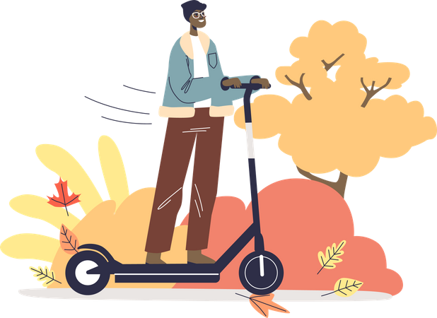 Homem andando de scooter elétrica no parque outono  Ilustração