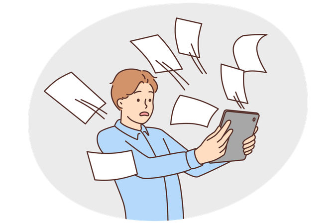 Homem angustiado olha para tablet lotado de e-mails  Ilustração