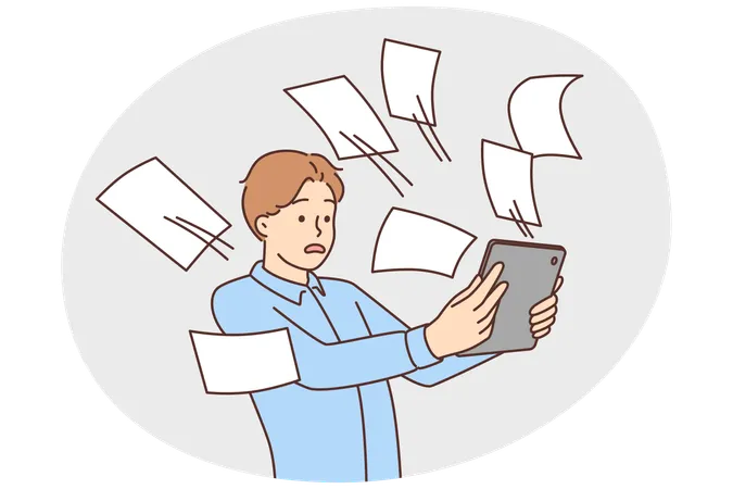 Homem angustiado olha para tablet lotado de e-mails  Ilustração