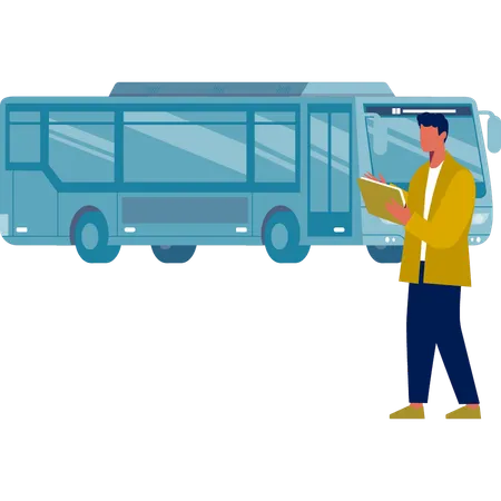 Homem anotando o horário do ônibus no calendário  Ilustração