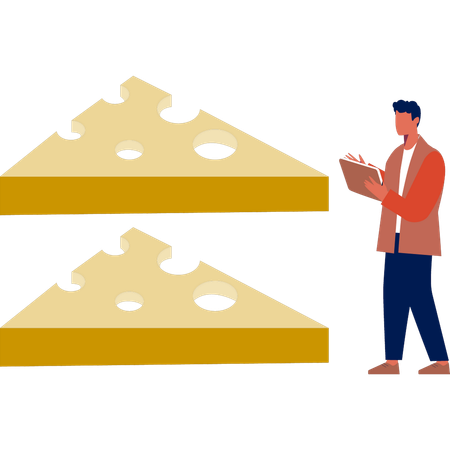 Homem anote a quantidade de cubos de queijo amarelo  Ilustração