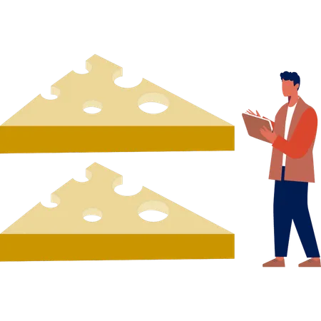 Homem anote a quantidade de cubos de queijo amarelo  Ilustração