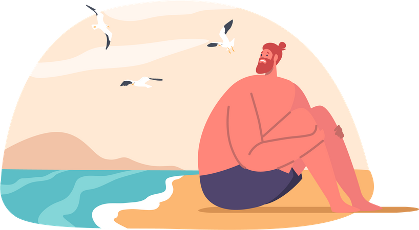 Homem ansioso com aquafobia sentado na praia  Ilustração