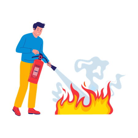 Homem usa extintor de incêndio para apagar incêndio  Ilustração
