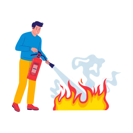 Homem usa extintor de incêndio para apagar incêndio  Ilustração