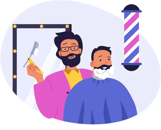 Homem aparando a barba no salão  Ilustração