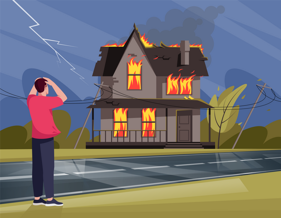 Homem fica aterrorizado com incêndio em casa residencial  Ilustração
