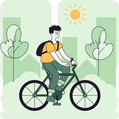 Homem apoia transporte ecológico andando de bicicleta  Ilustração