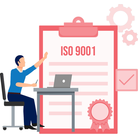 Homem apontando certificado ISO 9001  Ilustração