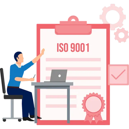 Homem apontando certificado ISO 9001  Ilustração