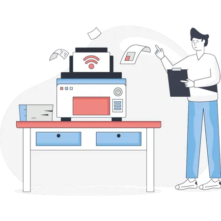 Homem apontando impressora digital  Ilustração