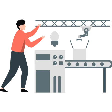 Homem apontando máquina transportadora  Ilustração