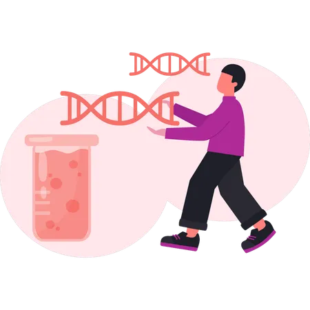 Homem apontando para estrutura de DNA  Ilustração